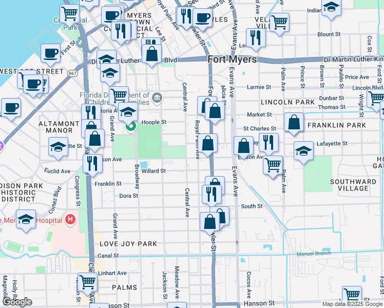 map of restaurants, bars, coffee shops, grocery stores, and more near 2417 Edison Avenue in Fort Myers