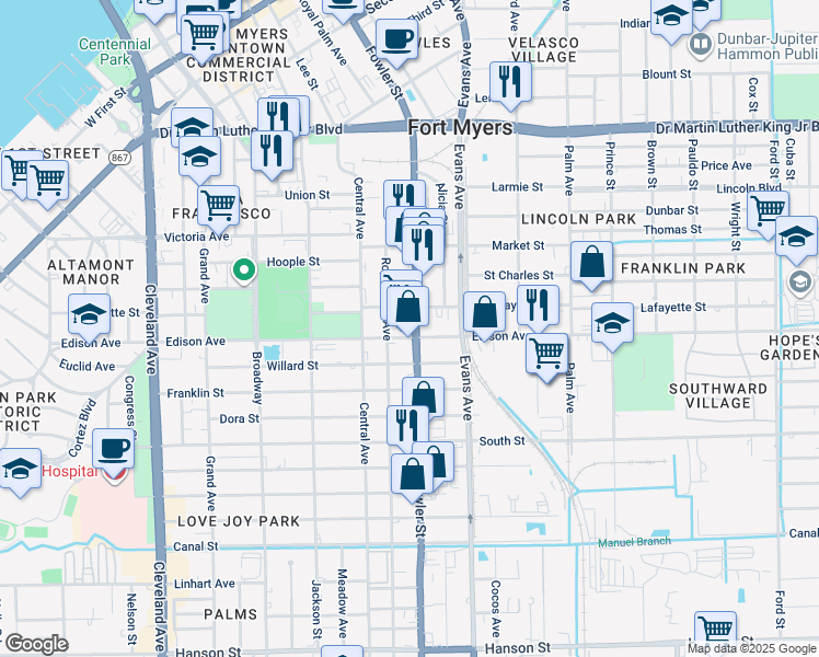 map of restaurants, bars, coffee shops, grocery stores, and more near 2328 Fowler Street in Fort Myers