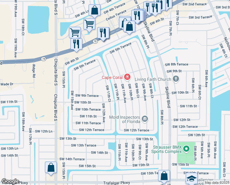 map of restaurants, bars, coffee shops, grocery stores, and more near 820 Southwest 11th Place in Cape Coral