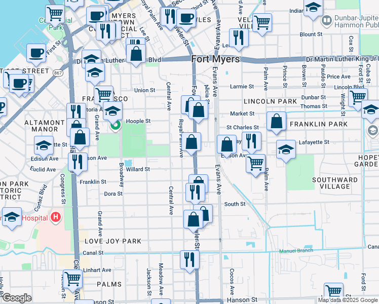 map of restaurants, bars, coffee shops, grocery stores, and more near 2328 Fowler Street in Fort Myers