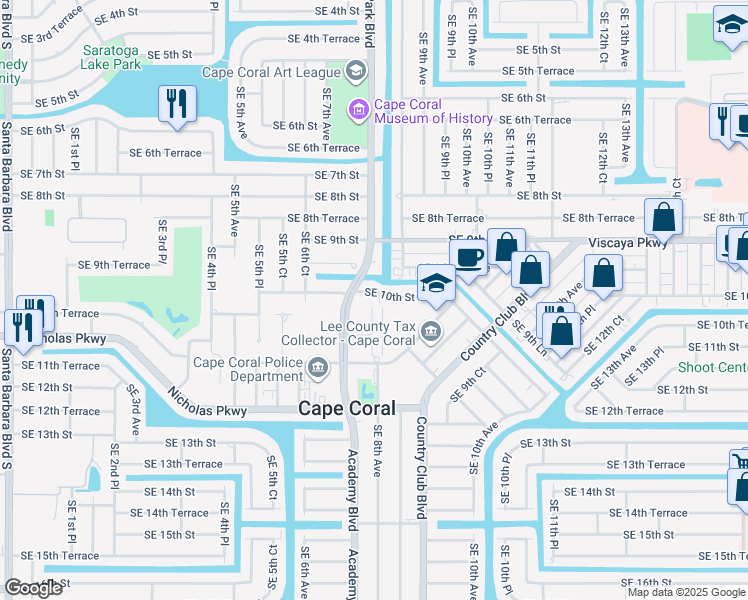 map of restaurants, bars, coffee shops, grocery stores, and more near 726 SE 10th St in Cape Coral