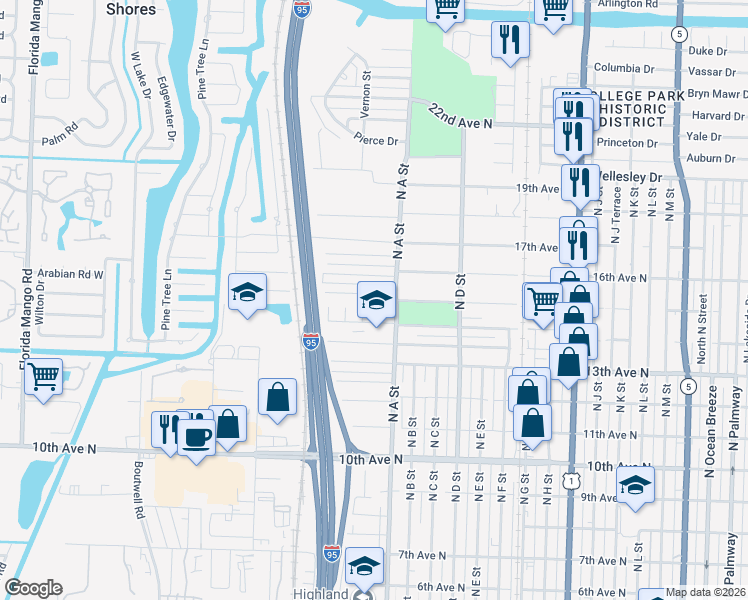 map of restaurants, bars, coffee shops, grocery stores, and more near 1719 15th Avenue North in Lake Worth