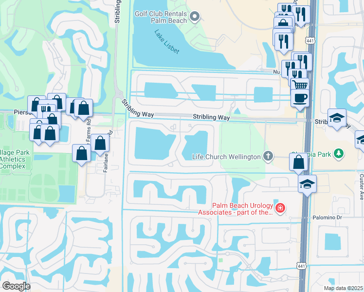 map of restaurants, bars, coffee shops, grocery stores, and more near 3440 Oakmont Estates Boulevard in Wellington