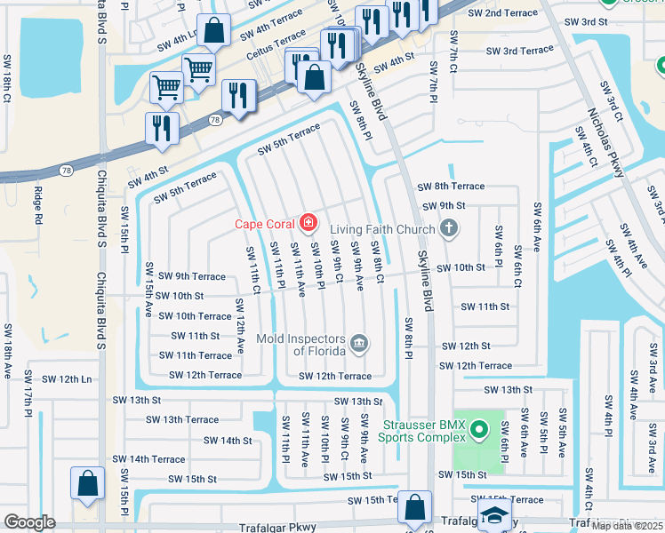 map of restaurants, bars, coffee shops, grocery stores, and more near 906 SW 9th Ct in Cape Coral