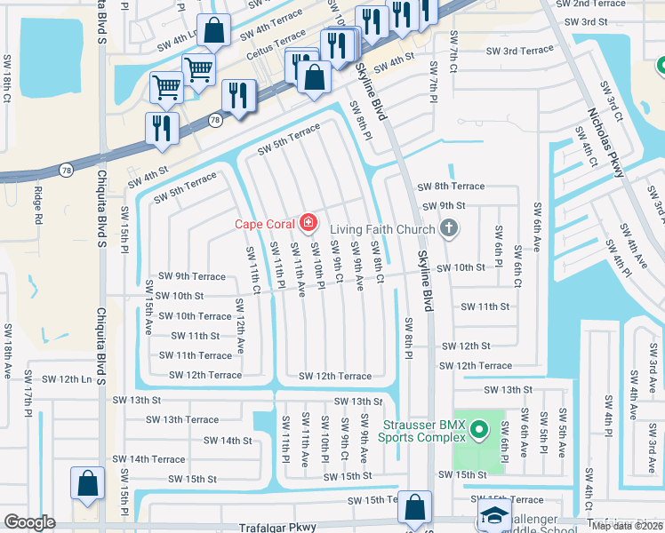 map of restaurants, bars, coffee shops, grocery stores, and more near 906 Southwest 9th Court in Cape Coral