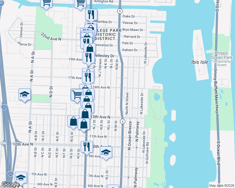 map of restaurants, bars, coffee shops, grocery stores, and more near 1516 North M Street in Lake Worth Beach