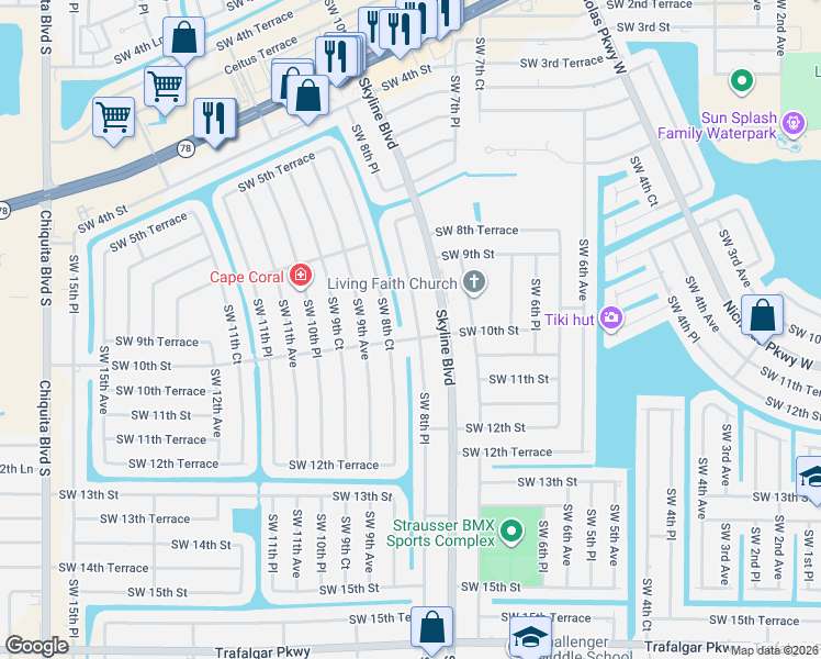 map of restaurants, bars, coffee shops, grocery stores, and more near 823 Southwest 10th Street in Cape Coral