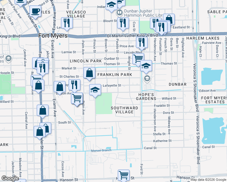 map of restaurants, bars, coffee shops, grocery stores, and more near 2981 Edison Avenue in Fort Myers