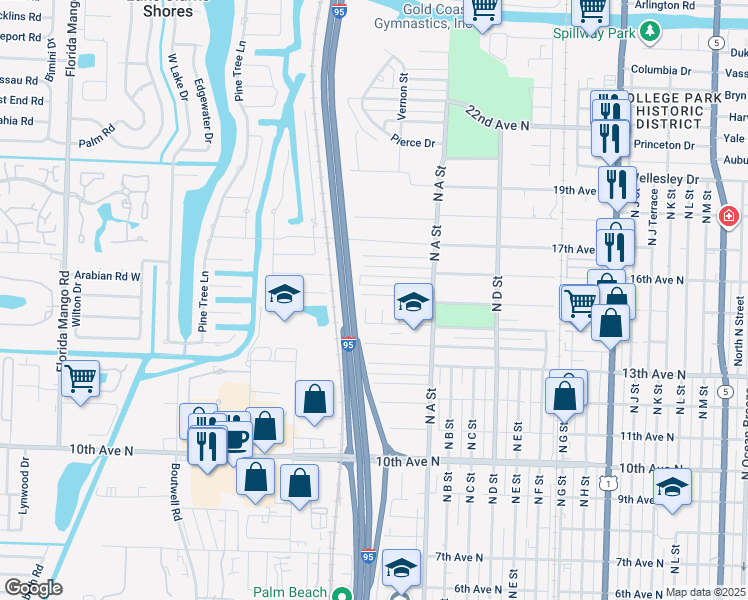 map of restaurants, bars, coffee shops, grocery stores, and more near 1761 15th Avenue North in Lake Worth