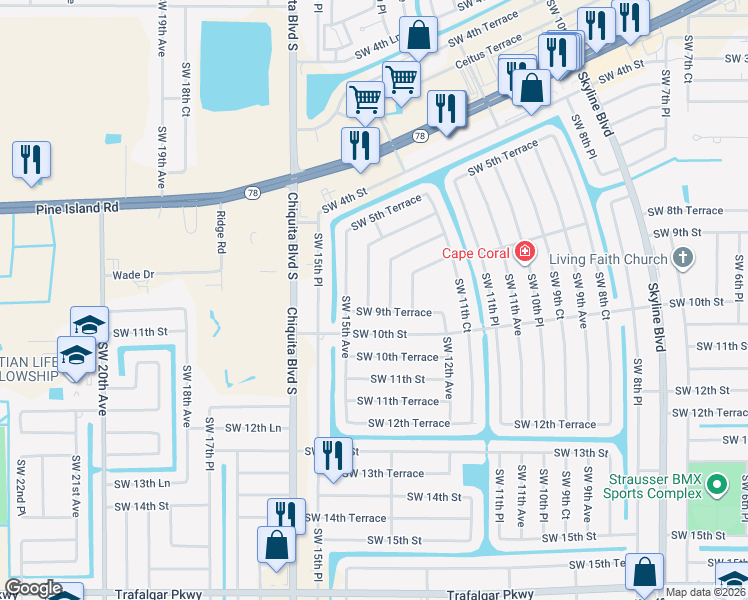 map of restaurants, bars, coffee shops, grocery stores, and more near 841 Southwest 14th Place in Cape Coral