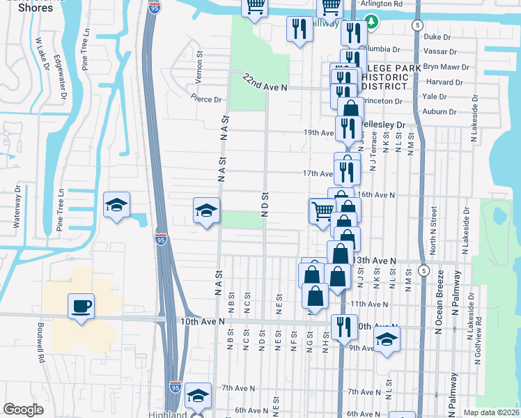 map of restaurants, bars, coffee shops, grocery stores, and more near 1501 North D Street in Lake Worth Beach