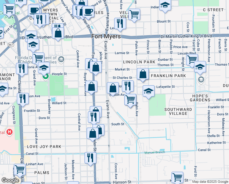 map of restaurants, bars, coffee shops, grocery stores, and more near 2641 Edison Avenue in Fort Myers