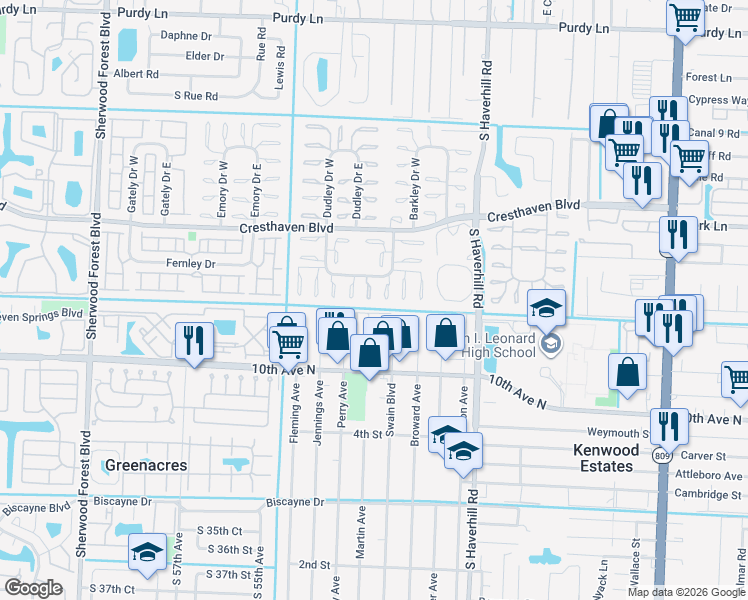 map of restaurants, bars, coffee shops, grocery stores, and more near 2966 Crosley Drive East in West Palm Beach