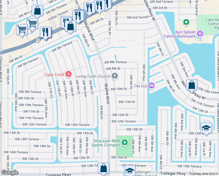 map of restaurants, bars, coffee shops, grocery stores, and more near 943 Skyline Boulevard in Cape Coral