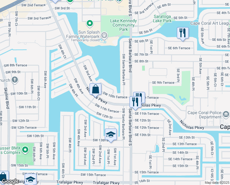 map of restaurants, bars, coffee shops, grocery stores, and more near 1005 Southwest 1st Place in Cape Coral