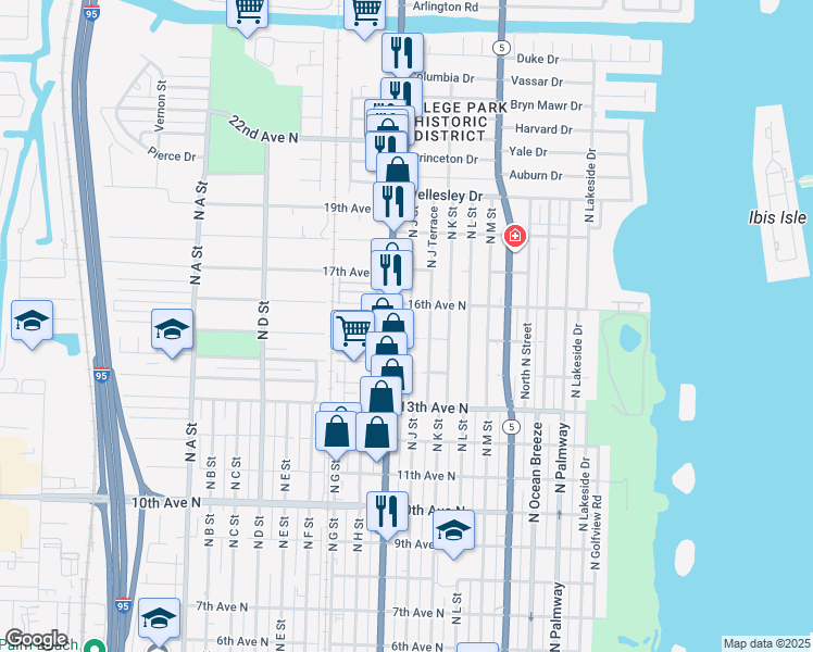 map of restaurants, bars, coffee shops, grocery stores, and more near 1516 North Dixie Highway in Lake Worth