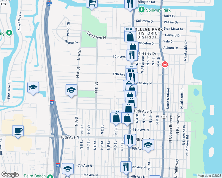 map of restaurants, bars, coffee shops, grocery stores, and more near 1212 15th Avenue North in Lake Worth