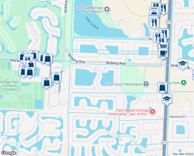 map of restaurants, bars, coffee shops, grocery stores, and more near 3440 Oakmont Estates Boulevard in Wellington