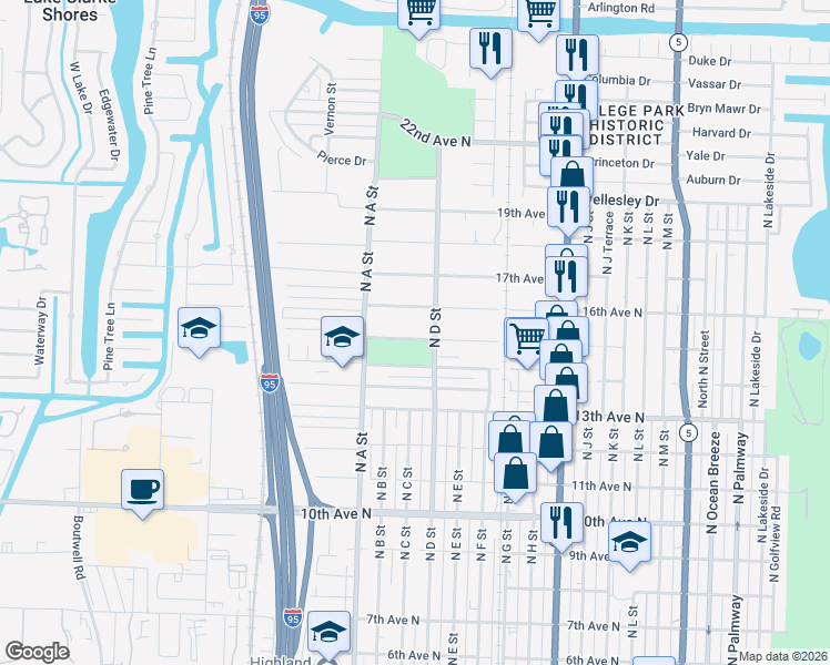 map of restaurants, bars, coffee shops, grocery stores, and more near 1506 15th Avenue North in Lake Worth