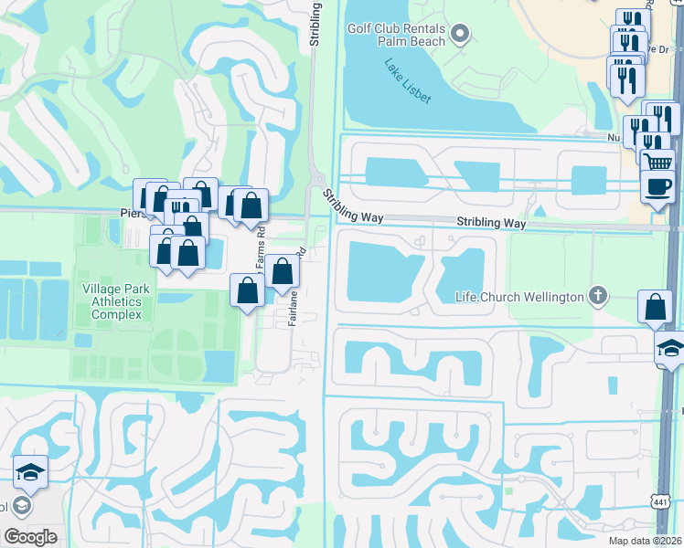 map of restaurants, bars, coffee shops, grocery stores, and more near 3446 Princeton Drive in Wellington