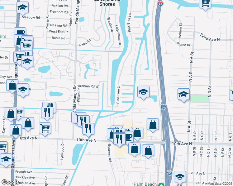 map of restaurants, bars, coffee shops, grocery stores, and more near 8323 Pine Tree Lane in West Palm Beach