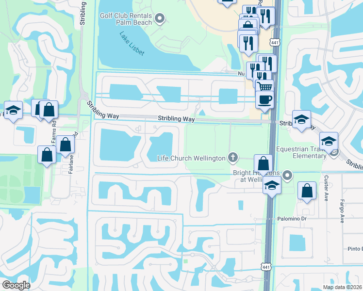 map of restaurants, bars, coffee shops, grocery stores, and more near 3418 Vanderbilt Drive in Wellington