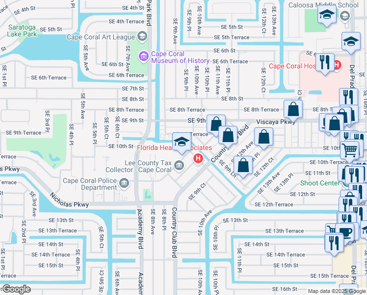 map of restaurants, bars, coffee shops, grocery stores, and more near 845 Southeast 10th Street in Cape Coral