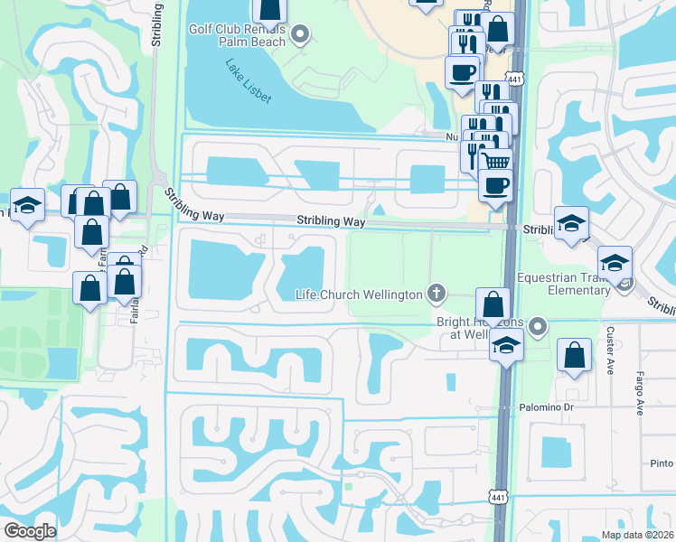 map of restaurants, bars, coffee shops, grocery stores, and more near 3418 Vanderbilt Drive in Wellington