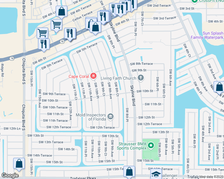 map of restaurants, bars, coffee shops, grocery stores, and more near 905 Southwest 9th Avenue in Cape Coral