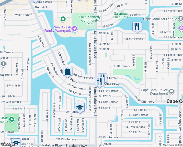 map of restaurants, bars, coffee shops, grocery stores, and more near 925 Southwest Santa Barbara Place in Cape Coral