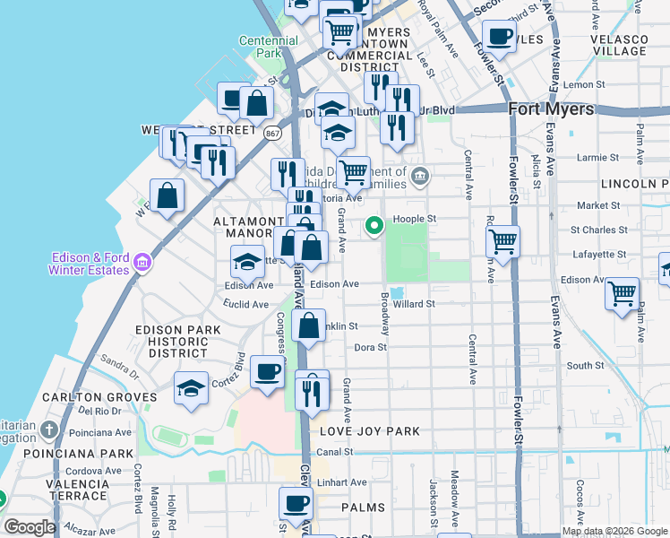 map of restaurants, bars, coffee shops, grocery stores, and more near 2040 Lafayette Street in Fort Myers