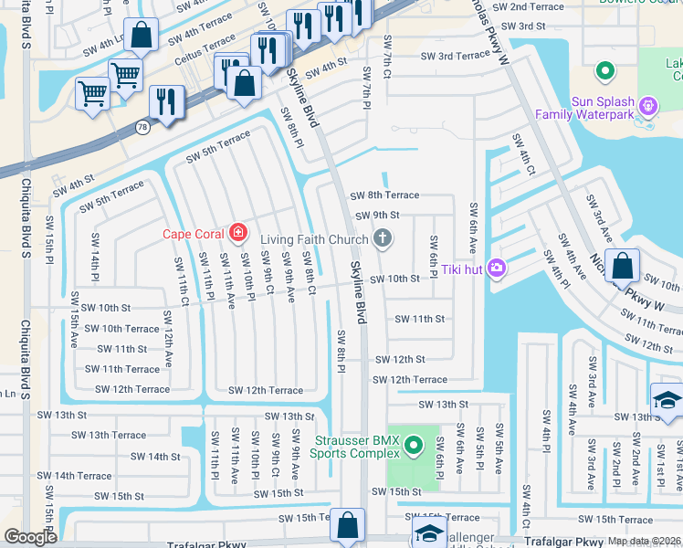 map of restaurants, bars, coffee shops, grocery stores, and more near 823 Southwest 10th Street in Cape Coral