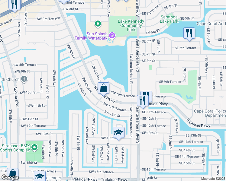 map of restaurants, bars, coffee shops, grocery stores, and more near 217 Southwest 10th Terrace in Cape Coral