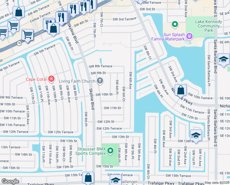 map of restaurants, bars, coffee shops, grocery stores, and more near 942 Southwest 6th Place in Cape Coral