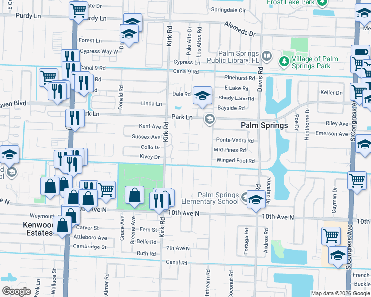 map of restaurants, bars, coffee shops, grocery stores, and more near 3201 John's Place in Palm Springs