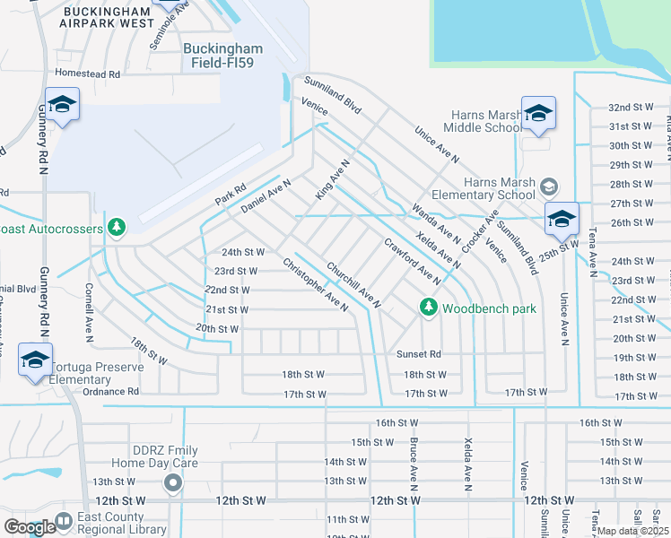 map of restaurants, bars, coffee shops, grocery stores, and more near Churchill Avenue North in Lehigh Acres