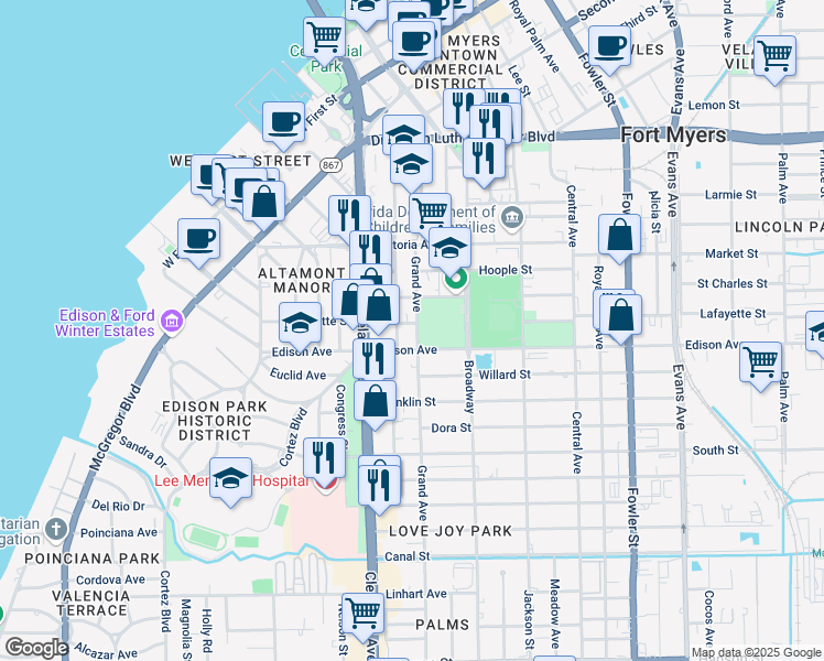 map of restaurants, bars, coffee shops, grocery stores, and more near 2279 Grand Avenue in Fort Myers