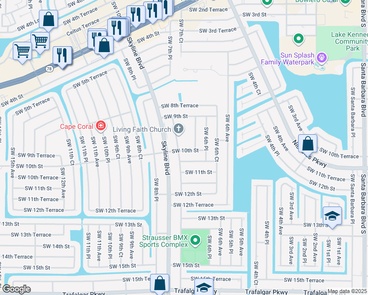 map of restaurants, bars, coffee shops, grocery stores, and more near 717 Southwest 10th Street in Cape Coral