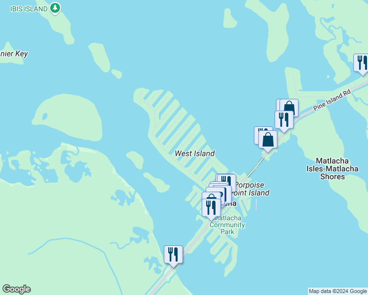 map of restaurants, bars, coffee shops, grocery stores, and more near 2733 Geary Street in Matlacha