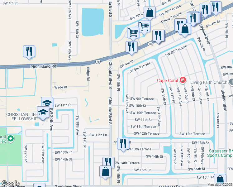 map of restaurants, bars, coffee shops, grocery stores, and more near 950 Southwest 15th Place in Cape Coral