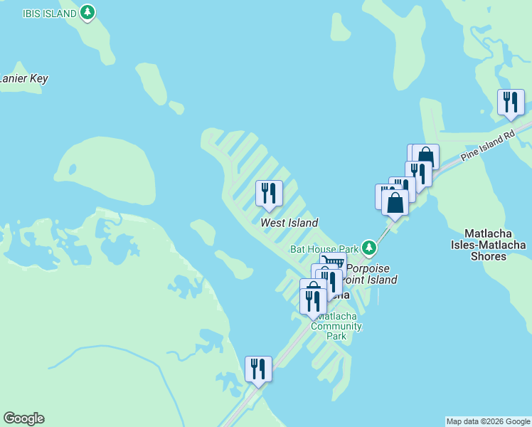 map of restaurants, bars, coffee shops, grocery stores, and more near 2733 Geary Street in Matlacha