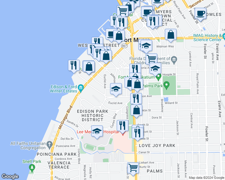 map of restaurants, bars, coffee shops, grocery stores, and more near 1840 Lafayette Street in Fort Myers