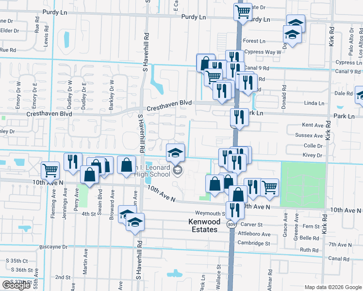 map of restaurants, bars, coffee shops, grocery stores, and more near 2936 Ashley Drive West in West Palm Beach