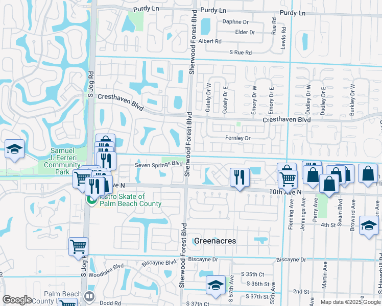 map of restaurants, bars, coffee shops, grocery stores, and more near 46 Sherwood Forest Boulevard in Greenacres