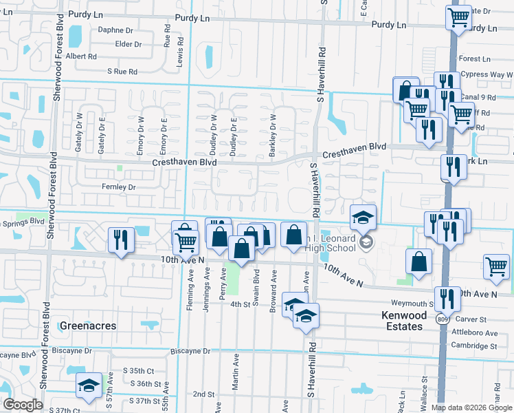 map of restaurants, bars, coffee shops, grocery stores, and more near 2950 Crosley Drive East in West Palm Beach