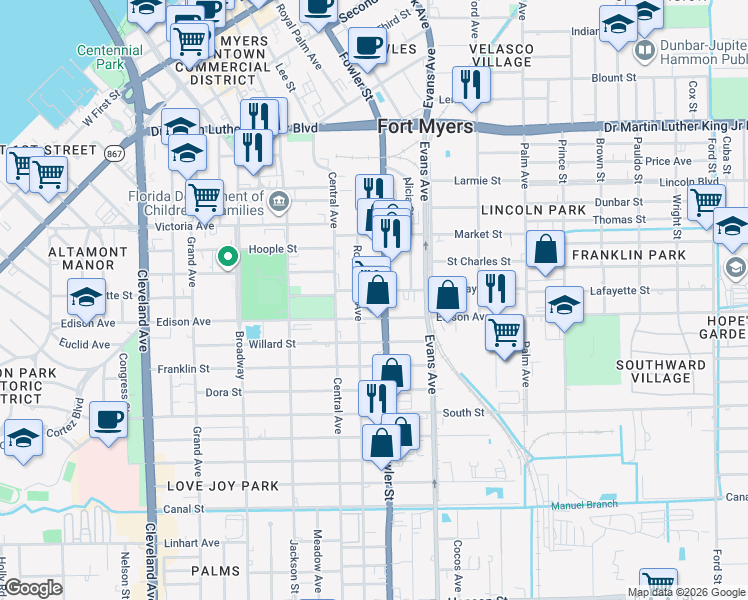 map of restaurants, bars, coffee shops, grocery stores, and more near 2328 Fowler Street in Fort Myers