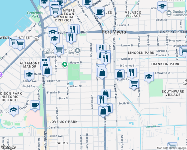 map of restaurants, bars, coffee shops, grocery stores, and more near 2315 Central Avenue in Fort Myers