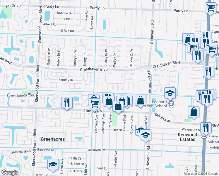 map of restaurants, bars, coffee shops, grocery stores, and more near 2995 Crosley Drive West in West Palm Beach
