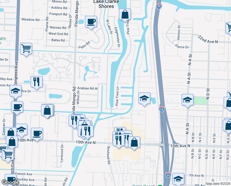 map of restaurants, bars, coffee shops, grocery stores, and more near 8323 Pine Tree Lane in West Palm Beach