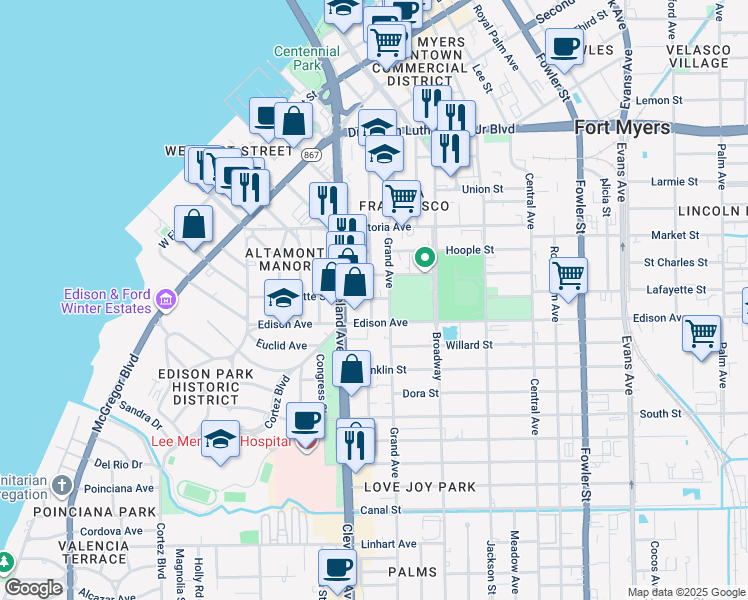 map of restaurants, bars, coffee shops, grocery stores, and more near 2040 Lafayette Street in Fort Myers